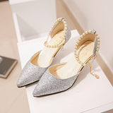Pointed Toe Pearl High Heels Shoes Female Fashion Hollow with Sandals Paillette of The Thin Breathable Shoes Women Pumps Shoes - ENSEIGNE DENIS