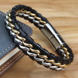 Genuine Leather Chain Bracelet for Men Magnetic Stainless Steel Clasp in Plated Gold Exclusive Jewellery Gift Wholesale Dropping