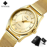 WWOOR Luxury Brand Dress Gold Watch Ladies Elegant Diamond Small Quartz Wrist Watches For Women Steel Mesh Clock zegarek damski