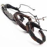 3 Pcs/Set Leather Bracelets Men Bangles For Women Wood Beads Feather TRUST IN GOD Cross Charm Homme Gift Jewelry Freely Shipping