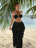 Bikini And Cover Up Set Plain Criss Cross Halter With Ruffle Pants Bandeau Swimsuit Women 2024 Black/White Swimwear Bathing Suit