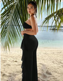 Bikini And Cover Up Set Plain Criss Cross Halter With Ruffle Pants Bandeau Swimsuit Women 2024 Black/White Swimwear Bathing Suit