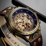 Bronze Retro Skeleton Automatic Mechanical Watch for Men Luminous Hand Brown Genuine Leather Belt Luxury Brand Steampunk Watches