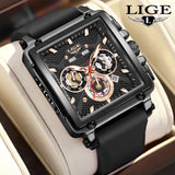 LIGE Fashion Luxury Man Watch Square Silicone Strap Calendar Week Display Casual Sports Quartz Watches for Men Male Montre Homme