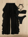 Bikini And Cover Up Set Plain Criss Cross Halter With Ruffle Pants Bandeau Swimsuit Women 2024 Black/White Swimwear Bathing Suit
