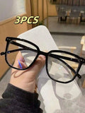 3 pairs of universal fashion glasses, square-framed glasses, fashionable campus style, clear black frame, back to school