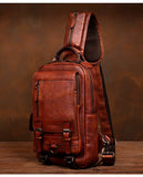 Men's Handmade Leather Chest Bag, Casual Crossbody Bag, Top-Grain Vegetable-Tanned Cowhide Single-Shoulder Bag