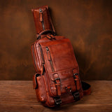 Men's Handmade Leather Chest Bag, Casual Crossbody Bag, Top-Grain Vegetable-Tanned Cowhide Single-Shoulder Bag