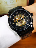 WINNER Classic Mechanical Watches Luxury Diamond Dial Black Gold Skeleton Automatic Mens Watch Stainless Steel Strap Wristwatch