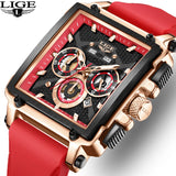 LIGE Fashion Luxury Man Watch Square Silicone Strap Calendar Week Display Casual Sports Quartz Watches for Men Male Montre Homme