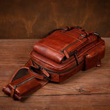 Men's Handmade Leather Chest Bag, Casual Crossbody Bag, Top-Grain Vegetable-Tanned Cowhide Single-Shoulder Bag