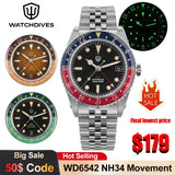 Watchdives WD6542 Mechanical Watch NH34 Automatic Movement Bubble Domed Sapphire Crystal Luxury Watch 100m Waterproof Mens Watch