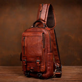 Men's Handmade Leather Chest Bag, Casual Crossbody Bag, Top-Grain Vegetable-Tanned Cowhide Single-Shoulder Bag