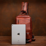 Men's Handmade Leather Chest Bag, Casual Crossbody Bag, Top-Grain Vegetable-Tanned Cowhide Single-Shoulder Bag