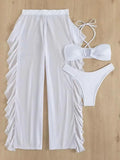 Bikini And Cover Up Set Plain Criss Cross Halter With Ruffle Pants Bandeau Swimsuit Women 2024 Black/White Swimwear Bathing Suit