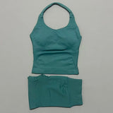 2 Pcs HISTELLO Halter Top Strappy Bra Shorts Set Women Yoga Workout Clothes Seamless Vest Hip-Lifting Sports Leggings Gym Suit