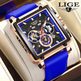LIGE Fashion Luxury Man Watch Square Silicone Strap Calendar Week Display Casual Sports Quartz Watches for Men Male Montre Homme