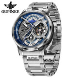 OUPINKE Men Watch Multi functional Hollow Dial Auto Date Stainless steel Automatic Mechanical Men's Watch