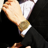 *New style* Sculpture Quartz watch Men golden stainless steel Engrave Wristwatch relogio masculino montre homme for dropshipping