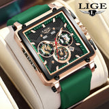 LIGE Fashion Luxury Man Watch Square Silicone Strap Calendar Week Display Casual Sports Quartz Watches for Men Male Montre Homme