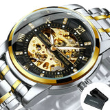WINNER Classic Mechanical Watches Luxury Diamond Dial Black Gold Skeleton Automatic Mens Watch Stainless Steel Strap Wristwatch