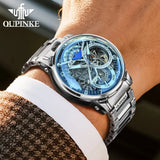 OUPINKE Men Watch Multi functional Hollow Dial Auto Date Stainless steel Automatic Mechanical Men's Watch