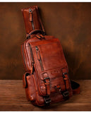 Men's Handmade Leather Chest Bag, Casual Crossbody Bag, Top-Grain Vegetable-Tanned Cowhide Single-Shoulder Bag