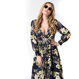 Elegant Women Summer Long Sleeve Floral Print Cocktail Evening Party Maxi Dress