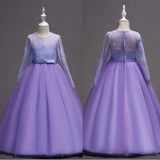 Fashion Girls Formal Lace Bowknot Long Sleeve Party Wedding Princess Maxi Dress