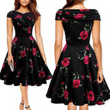 Elegant Women Flower Rose Boat Neck High Waist Big Swing Evening Party Dress