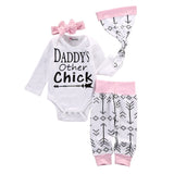 4Pcs Baby Girls Arrow Letters Print Long Sleeve Cotton Romper Pants Hat Headband