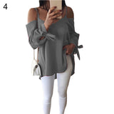 Solid Color Women Long Sleeve V-Neck Spring Summer Casual Strappy Blouse Top