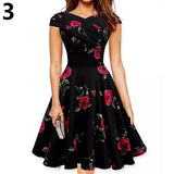 Elegant Women Flower Rose Boat Neck High Waist Big Swing Evening Party Dress