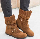 Winter buckled calf women's boots warm zipper boots plain flat shoes