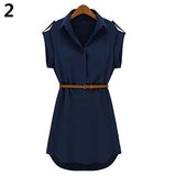 Women's Casual V-neck Cap Sleeve Solid Color Chiffon Shirt Dress with Brown Belt