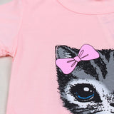 Kids Girls Fashion Summer Short Sleeve Cute Cat Bowknot Dress O-Neck Dress