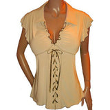 Sexy Women Lapel V-Neck Bandage Lace Up Ruffled Short Sleeve Top T-Shirt Blouse - ENSEIGNE DENIS