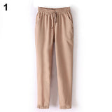 Women Fashion Casual Chffion Pants Solid Color Elastic Waist Full Length Trousers