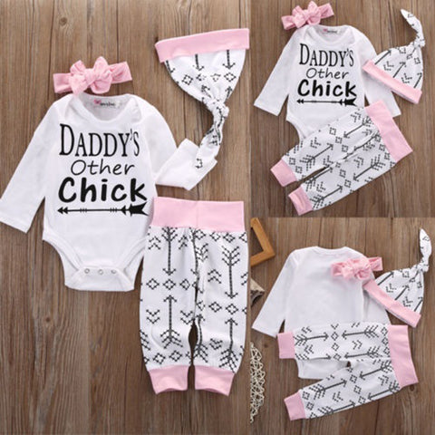 4Pcs Baby Girls Arrow Letters Print Long Sleeve Cotton Romper Pants Hat Headband