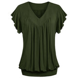 Women Plus Size Loose V Neck Short Sleeve Solid Color Top Pleated Fashion Blouse