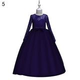 Fashion Girls Formal Lace Bowknot Long Sleeve Party Wedding Princess Maxi Dress