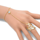 Fashion Women Rhinestone Golden Leaf Bracelet Chain Ring Integrated Jewelry