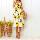 Fashion Flower Stripe Single Row Buttons Sleeveless Spring Summer Women Dress