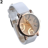 Women's Casual Flower Big Numbers Dial Faux Leather Strap Quartz Wrist Watch