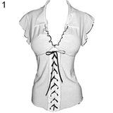 Sexy Women Lapel V-Neck Bandage Lace Up Ruffled Short Sleeve Top T-Shirt Blouse - ENSEIGNE DENIS