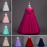 Fashion Girls Formal Lace Bowknot Long Sleeve Party Wedding Princess Maxi Dress