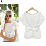 Women Ladies Fashion Short Sleeve Bow Solid Color Casual Tops Blouse T-Shirt