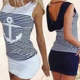 Women's Fashion Sexy Anchor Stripe Sleeveless O-neck Skirts Bodycon Mini Dress - ENSEIGNE DENIS