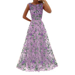 Women's Sleeveless Floral Embroidery Evening Party Long Prom Dress Ball Gown