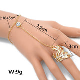 Fashion Women Rhinestone Golden Leaf Bracelet Chain Ring Integrated Jewelry
